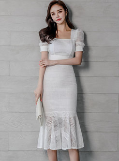 White Square Neck Puff Sleeve Lace Peplum Skirt Suits