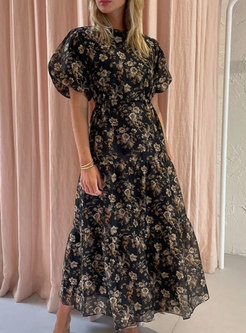 Puff Sleeve Backless Floral A Line Maxi Dress