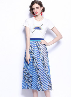 Pullover Short Sleeve Plaid Pleated Skirt Suits