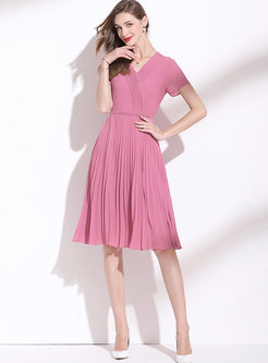 Pink V-neck A Line Chiffon Pleated Dress