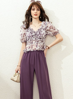 V-neck Print Pullover Blouse & High Waisted Wide Leg Pants