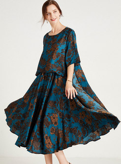Plus Size Half Sleeve Print Satin Midi Dress