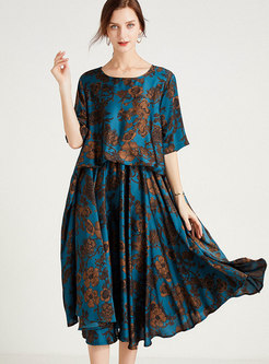 Plus Size Half Sleeve Print Satin Midi Dress
