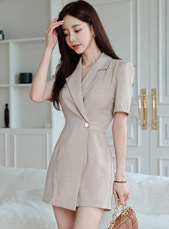 Notched Collar Short Sleeve High Waisted Rompers