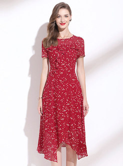 Red Cew Neck Floral Irregular A-Line Dress