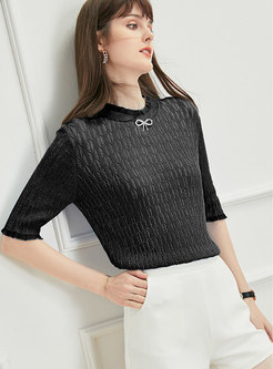 Solid Half Sleeve Sequin Bowknot Knitted T-Shirt