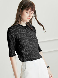 Solid Half Sleeve Sequin Bowknot Knitted T-Shirt