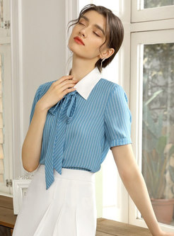 Blue Striped Short Sleeve Chiffon Shirt