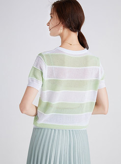 Green Striped Openwork Loose T-Shirt