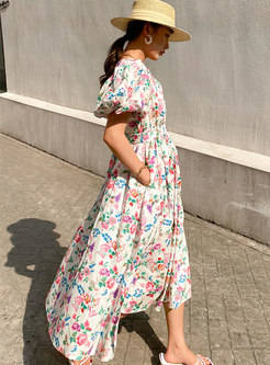 Boho V-neck Puff Sleeve Floral Maxi Dress
