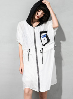 Color-blocked Plus Size Hooded Drawstring Trench Coat