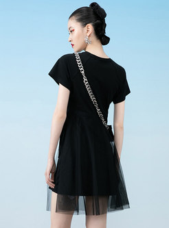 Black Crew Neck Embroidered Mesh Patchwork A Line Dress
