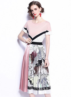 Color Blocked Knitted Top Print Pleated Skirt Suits