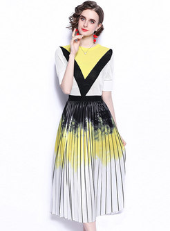 Color Blocked Knitted Top Print Pleated Skirt Suits