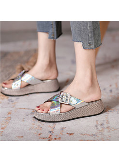 Rounded Toe Buckle Wedge Slippers