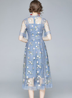 Mock Neck Mesh Embroidered Midi Bridesmaid Dress