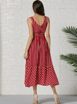 Red Boho Square Neck Striped Bowknot Maxi Dress