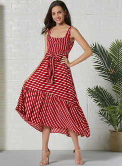 Red Boho Square Neck Striped Bowknot Maxi Dress