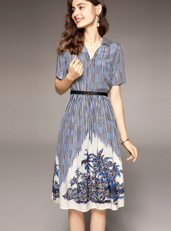 V-neck Striped Print Silk Belted A Line Dress