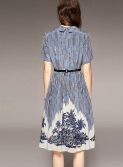 V-neck Striped Print Silk Belted A Line Dress
