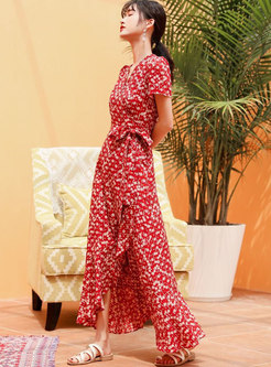 Boho V-neck Chiffon Floral Wrap Maxi Dress