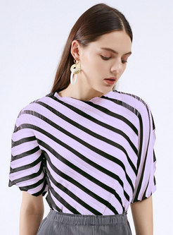 Chic Striped Half Sleeve Irregular T-Shirt