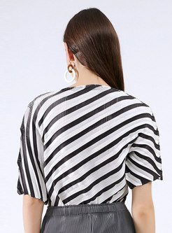 Chic Striped Half Sleeve Irregular T-Shirt