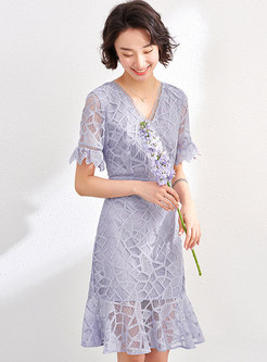 Purple V-Neck Openwork Lace Dress