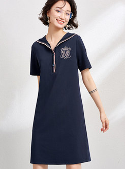 Casual Lapel Embroidered Loose T-shirt Dress