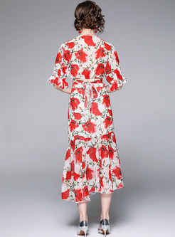 V-neck Half Sleeve Print Peplum Skirt Suits