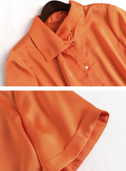 Short Sleeve Ribbon Blouse & Print Asymmetric Skirt