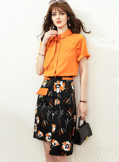 Short Sleeve Ribbon Blouse & Print Asymmetric Skirt