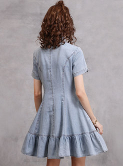 Denim Embroidered A Line Cheongsam Dress