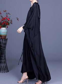 Solid Raglan Sleeve Drawcord Irregular Maxi Dress