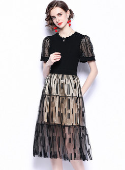 Black Polka Dot Knit Top & Lace A Line Midi Skirt