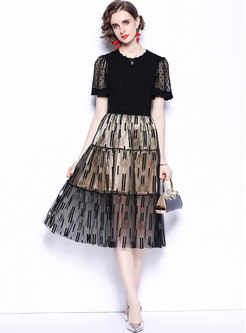 Black Polka Dot Knit Top & Lace A Line Midi Skirt