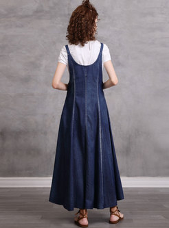 Retro V-neck Denim Embroidered Slip Dress
