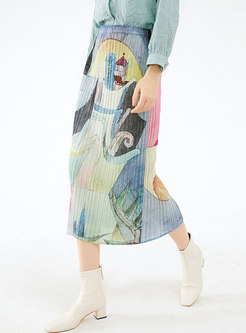 High Waisted Print Pleated Sheath Skirt