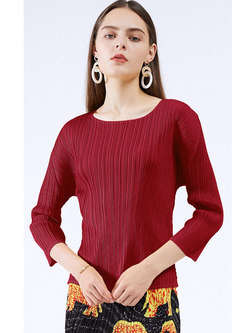 Solid 3/4 Sleeve Pullover Pleated T-shirt