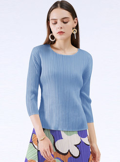 Solid 3/4 Sleeve Pullover Pleated T-shirt