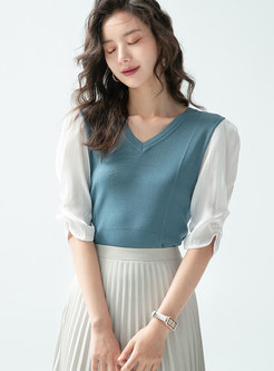 Color-blocked Mesh Patchwork Knit Top