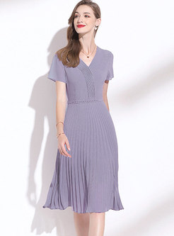 Purple Short Sleeve A Line Chiffon Pleated Dress