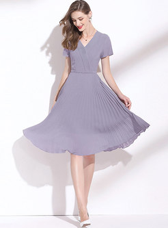 Purple Short Sleeve A Line Chiffon Pleated Dress