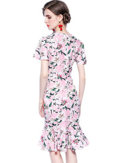 Pink Flare Sleeve Print Bodycon Peplum Dress
