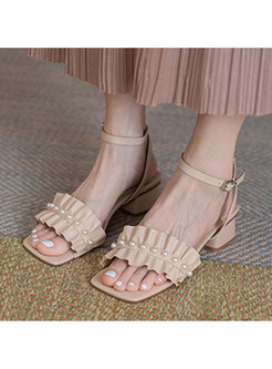 Chic Square Toe Pearl Block Heel Sandals