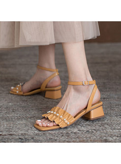 Chic Square Toe Pearl Block Heel Sandals