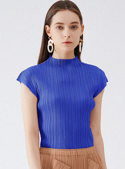 Solid Mock Neck Cap Sleeve Pleated T-Shirt