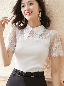 Mock Neck Lace Patchwork Knitted Top