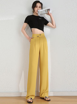 Solid Button Closure Loose Straight Pants