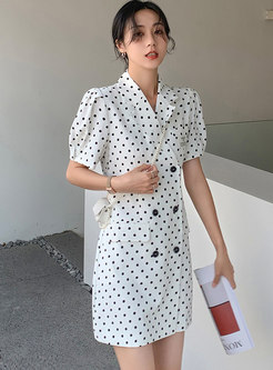 White Polka Dot Puff Sleeve Mini Blazer Dress